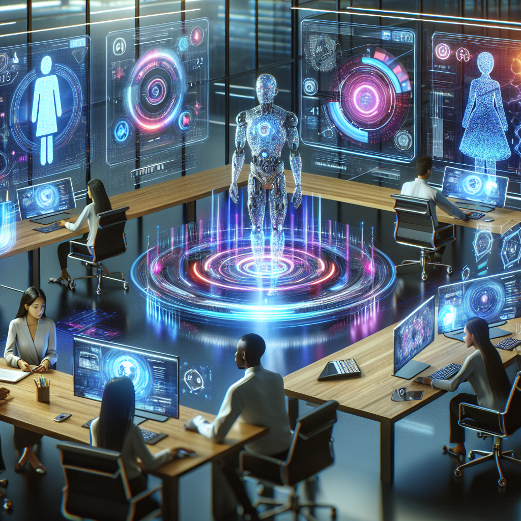 A futuristic office setting with a diverse team of marketers collaborating with AI technology, showing digital screens and holograms.