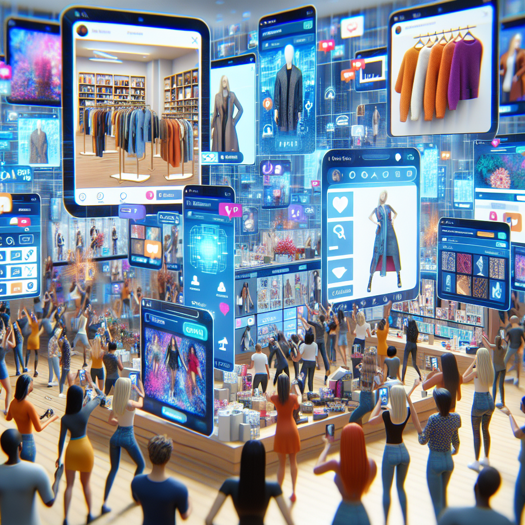A vibrant social commerce scene with users interacting with augmented reality shopping features on social media platforms.